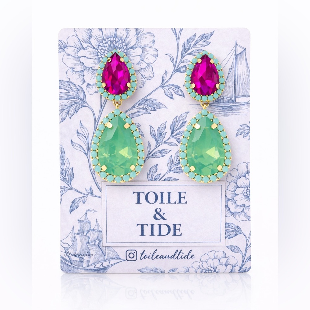 Toile & Tide Pink & Green Teardrop Statement Coastal  Jewelry | Palm Beach Style